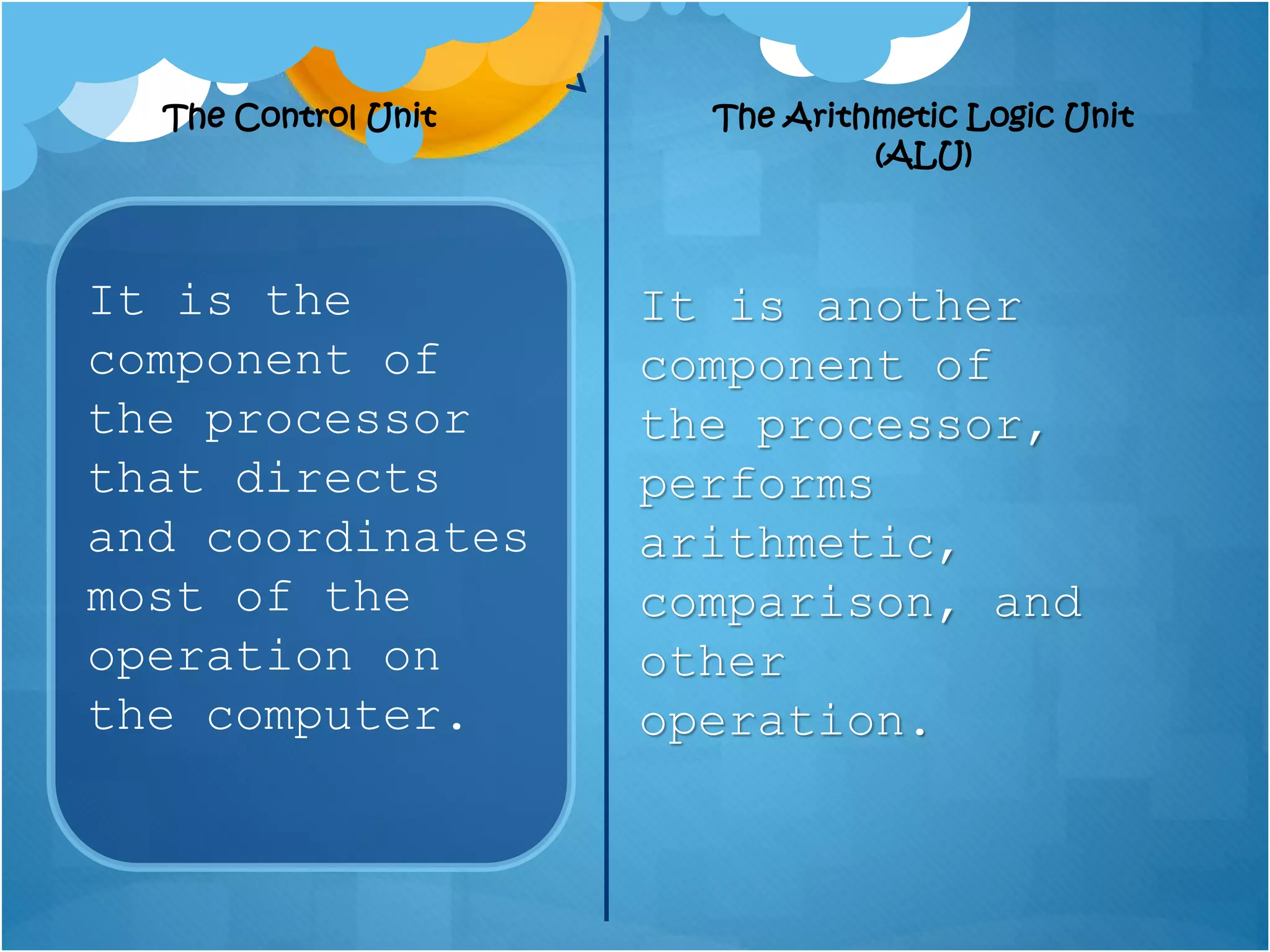 It is another
component of
the processor,
performs
arithmetic,
comparison, and
other
operation.
It is the
component of
the processor
that directs
and coordinates
most of the
operation on
the computer.
The Control Unit The Arithmetic Logic Unit
(ALU)
 