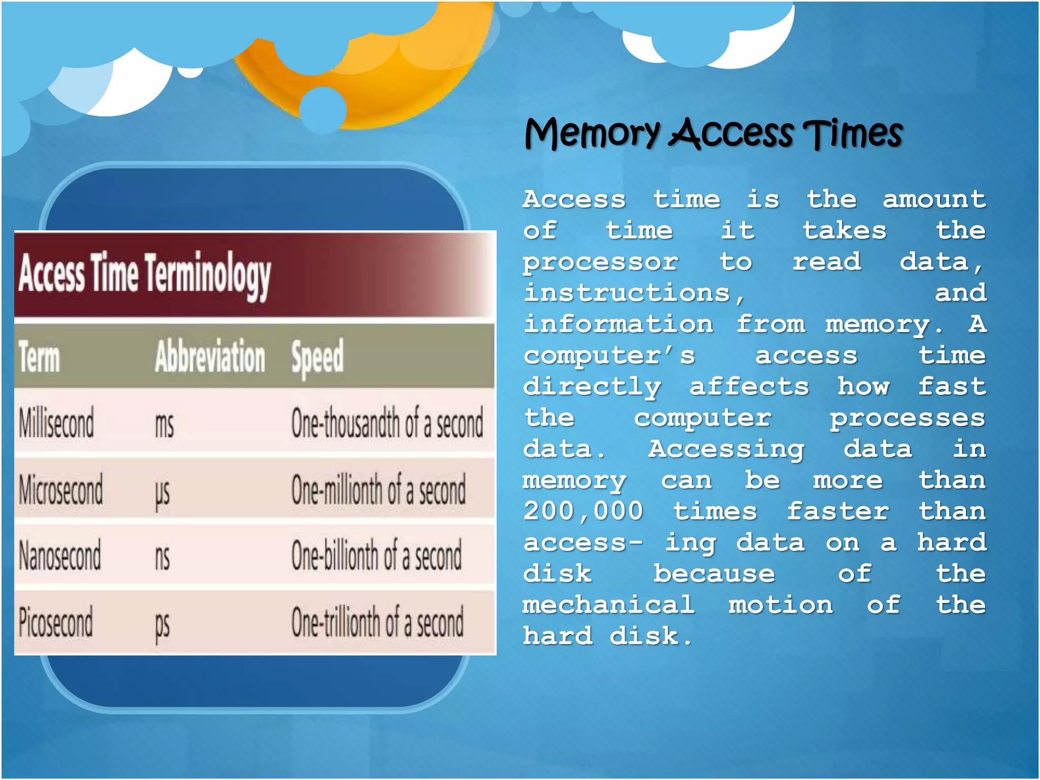 Memory Access Times
Access time is the amount
of time it takes the
processor to read data,
instructions, and
information from memory. A
computer’s access time
directly affects how fast
the computer processes
data. Accessing data in
memory can be more than
200,000 times faster than
access- ing data on a hard
disk because of the
mechanical motion of the
hard disk.
 