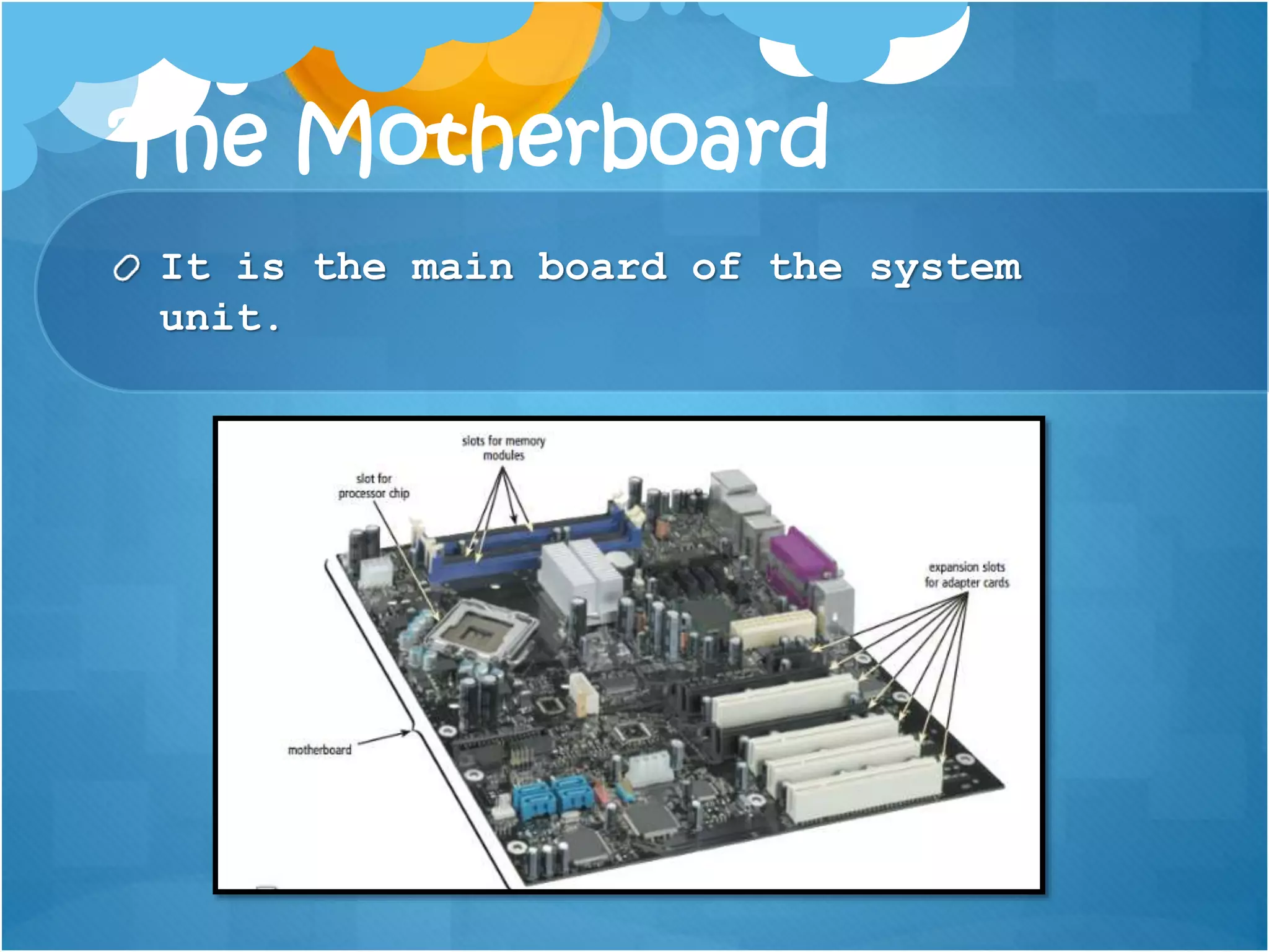 The Motherboard
It is the main board of the system
unit.
 
