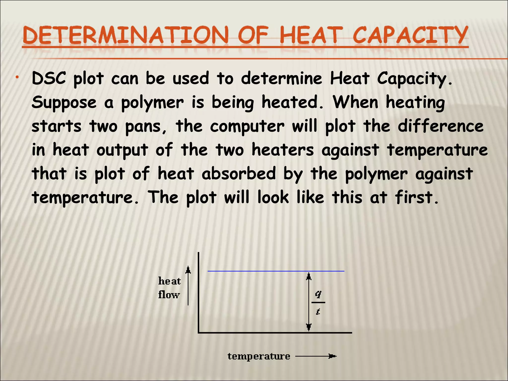 • DSC plot can be used to determine Heat Capacity.
Suppose a polymer is being heated. When heating
starts two pans, the computer will plot the difference
in heat output of the two heaters against temperature
that is plot of heat absorbed by the polymer against
temperature. The plot will look like this at first.
 