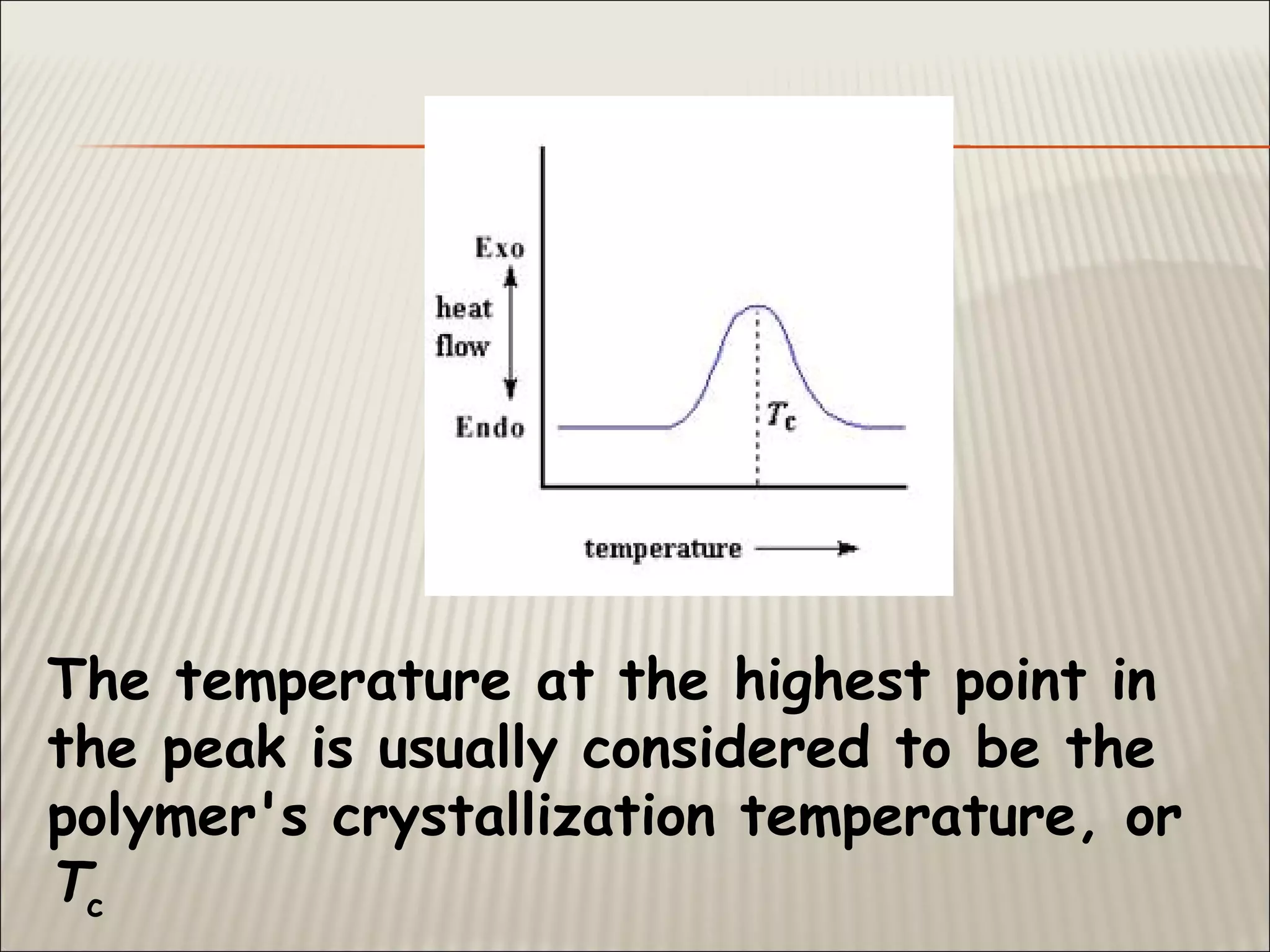 The temperature at the highest point in
the peak is usually considered to be the
polymer's crystallization temperature, or
Tc
 