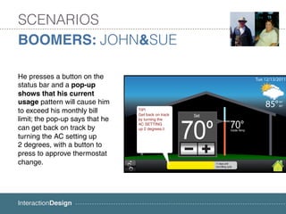 SCENARIOS
BOOMERS: JOHN&SUE

He presses a button on the
status bar and a pop-up
shows that his current
usage pattern will cause him
to exceed his monthly bill       TIP!
                                 Get back on track
limit; the pop-up says that he   by turning the
                                 AC SETTING
can get back on track by         up 2 degrees.

turning the AC setting up
2 degrees, with a button to
press to approve thermostat
change.
 