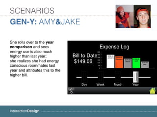 SCENARIOS
GEN-Y: AMY&JAKE

She rolls over to the year
comparison and sees
energy use is also much           300
                                  250
higher than last year;            200
                                  150
she realizes she had energy       100

conscious roommates last           50
                                    0
year and attributes this to the
higher bill.
 