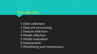 Key objective
1.Data collection
2.Data pre processing
3.Feature selection
4.Model selection
5.Model evaluation
6.Deployment
7.Monitoring and maintenance
 