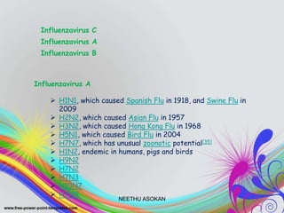  H1N1, which caused Spanish Flu in 1918, and Swine Flu in
2009
 H2N2, which caused Asian Flu in 1957
 H3N2, which caused Hong Kong Flu in 1968
 H5N1, which caused Bird Flu in 2004
 H7N7, which has unusual zoonotic potential[35]
 H1N2, endemic in humans, pigs and birds
 H9N2
 H7N2
 H7N3
 H10N7
 H7N9
Influenzavirus A
Influenzavirus B
Influenzavirus A
Influenzavirus C
NEETHU ASOKAN
 