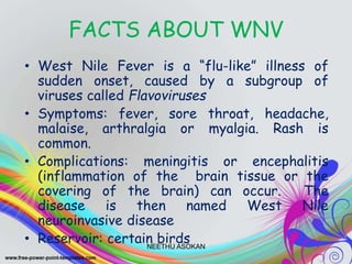 FACTS ABOUT WNV
• West Nile Fever is a “flu-like” illness of
sudden onset, caused by a subgroup of
viruses called Flavoviruses
• Symptoms: fever, sore throat, headache,
malaise, arthralgia or myalgia. Rash is
common.
• Complications: meningitis or encephalitis
(inflammation of the brain tissue or the
covering of the brain) can occur. The
disease is then named West Nile
neuroinvasive disease
• Reservoir: certain birdsNEETHU ASOKAN
 