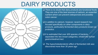 DAIRY PRODUCTS
 There is no doubt that dairy products are functional foods.
They are one of the best sources of calcium, an essential
nutrient which can prevent osteoporosis and possibly
colon cancer.
 In addition to calcium, however, recent research has
focused specifically on other components in dairy
products, particularly fermented dairy products known as
probiotics.
 It is estimated that over 400 species of bacteria,
separated into two broad categories, inhabit the human
gastrointestinal tract.
 The hypocholesterolemic effect of fermented milk was
discovered more than 30 years ago
 
