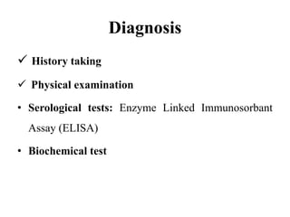 Diagnosis
 History taking
 Physical examination
• Serological tests: Enzyme Linked Immunosorbant
Assay (ELISA)
• Biochemical test
 