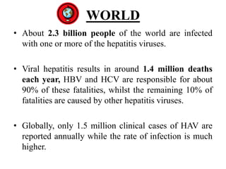 WORLD
• About 2.3 billion people of the world are infected
with one or more of the hepatitis viruses.
• Viral hepatitis results in around 1.4 million deaths
each year, HBV and HCV are responsible for about
90% of these fatalities, whilst the remaining 10% of
fatalities are caused by other hepatitis viruses.
• Globally, only 1.5 million clinical cases of HAV are
reported annually while the rate of infection is much
higher.
 