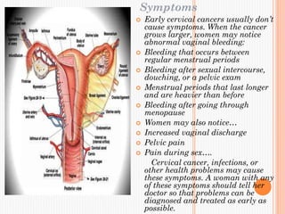 Symptoms
 Early cervical cancers usually don’t
cause symptoms. When the cancer
grows larger, women may notice
abnormal vaginal bleeding:
 Bleeding that occurs between
regular menstrual periods
 Bleeding after sexual intercourse,
douching, or a pelvic exam
 Menstrual periods that last longer
and are heavier than before
 Bleeding after going through
menopause
 Women may also notice…
 Increased vaginal discharge
 Pelvic pain
 Pain during sex….
Cervical cancer, infections, or
other health problems may cause
these symptoms. A woman with any
of these symptoms should tell her
doctor so that problems can be
diagnosed and treated as early as
possible.
 