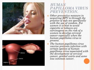 HUMAN
PAPILLOMA VIRUS
PREVENTION.
 Other preventive measure in
acquiring HPV is through the
practice of safe sex specifically
with the use of condom. For
women it is best to avoid
cigarette or tobacco are
carcinogens on the risk of a
women to develop cervical
cancer especially when the
human papilloma virus is
present.
 The human papilloma virus
vaccine prevents infection with
certain species of human
papilloma virus associated with
the development of cervical
cancer, genital warts and some
less common cancer.
 
