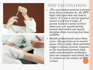 THE VACCINATION:
 The vaccination protects a person
from future infection by the HPV
high-risk types that can lead to
cancer. It is not a vaccine against
cancer it self but it stops. A
person receives a series of three
shots over a 6- month period ,
second shot within one month
duration from receiving first dose
of HPVs.
 Health professionals inject these
virus –like particles in to muscle
tissue. Once inside, these particles
trigger a strong immune response
so the vaccinated persons body
make and stockpiles antibodies
that can recognize and attack the
L1 protein on the surface of HPV
viruses.
 