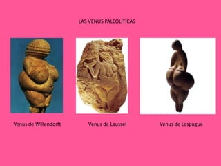 LAS VENUS PALEOLITICAS




Venus de Willendorft      Venus de Laussel      Venus de Lespugue
 