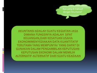 Apa yang di maksud 
dengan Akuntansi? 
AKUNTANSI ADALAH SUATU KEGIATAN JASA 
DIMANA FUNGSINYA ADALAH SIFAT 
KEUANGAN,DARI KESATUAN USAHA 
EKONOMIMENYEDIAKAN DATA KUANTITATIF 
TERUTAMA YANG MEMPUNYAI YANG DAPAT DI 
GUNAKAN DALAM PENGAMBILAN KEPUTUSAN-KEPUTUSAN 
EKONOMI DALAM MEMILIH 
ALTERNATIF-ALTERNATIF DARI SUATU KEADAAN 
 