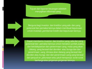 Tujuan dari laporan keuangan adalalah 
menyajikan informasi yang: 
Berguna bagi investor dan kreditur yang ada dan yang 
potensial dan pemakai lainnya dalam membuat keputusan 
untuk investasi ,pemberian kredit dan keputusan lainnya. 
Dapat membantu investor dan kreditur yang ada dan yang 
potensial dan pemakai lainnya untuk menaksir jumlah,waktu, 
dan ketidakpastian dari penerimaan uang masa yang akan 
datang yang berasal dari deviden atau bunga dan dari 
penerimaan uang dimasa akan datang yang berasal dari 
deviden atau bunga dan dari penerimaan uang yang berasal 
dari penjual an ,pelunasan atau jatuh temponya surat-surat 
berharga atau pinjaman-pinjaman lainnya. 
 