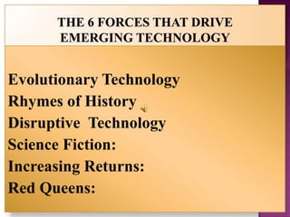 Evolutionary Technology
Rhymes of History
Disruptive Technology
Science Fiction:
Increasing Returns:
Red Queens:
 