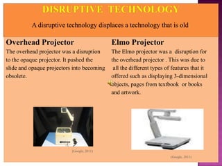 Overhead Projector                          Elmo Projector
The overhead projector was a disruption     The Elmo projector was a disruption for
to the opaque projector. It pushed the      the overhead projector . This was due to
slide and opaque projectors into becoming    all the different types of features that it
obsolete.                                   offered such as displaying 3-dimensional
                                            objects, pages from textbook or books
                                            and artwork.




                           (Google, 2011)
                                                                       (Google, 2011)
 