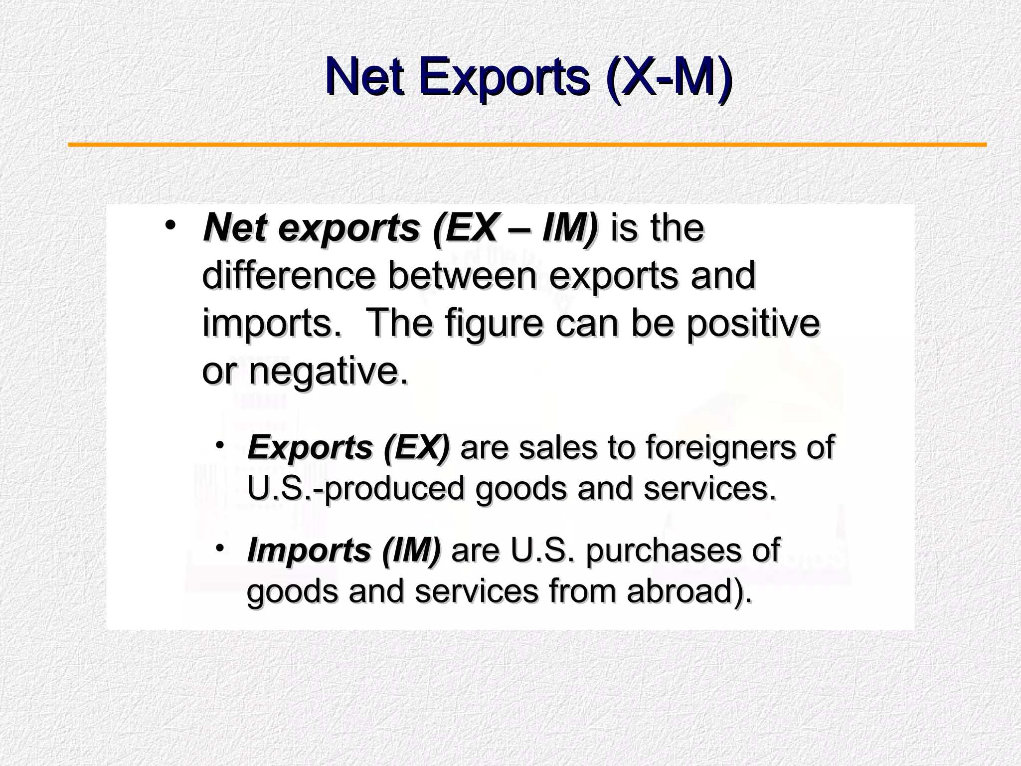 Net Exports (X-M) Net exports (EX – IM)  is the difference between exports and imports.  The figure can be positive or negative. Exports (EX)  are sales to foreigners of U.S.-produced goods and services. Imports (IM)  are U.S. purchases of goods and services from abroad).  