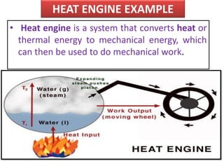 HEAT ENGINE EXAMPLE
• Heat engine is a system that converts heat or
thermal energy to mechanical energy, which
can then be used to do mechanical work.
 