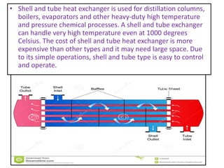 • Shell and tube heat exchanger is used for distillation columns,
boilers, evaporators and other heavy-duty high temperature
and pressure chemical processes. A shell and tube exchanger
can handle very high temperature even at 1000 degrees
Celsius. The cost of shell and tube heat exchanger is more
expensive than other types and it may need large space. Due
to its simple operations, shell and tube type is easy to control
and operate.
 