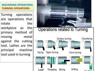 MACHINING OPERATIONS
TURNING OPERATIONS-
Turning operations
are operations that
rotate the
workpiece as the
primary method of
moving metal
against the cutting
tool. Lathes are the
principal machine
tool used in turning
 