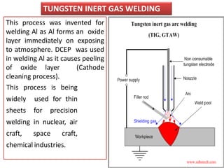 TUNGSTEN INERT GAS WELDING
This process was invented for
welding Al as Al forms an oxide
layer immediately on exposing
to atmosphere. DCEP was used
in welding Al as it causes peeling
of oxide layer (Cathode
cleaning process).
This process is being
widely used for thin
sheets for precision
welding in nuclear, air
craft, space craft,
chemical industries.
 
