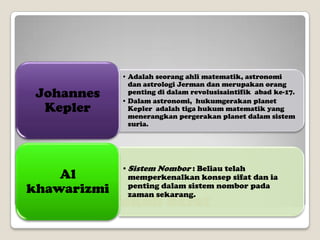 Johannes
Kepler

Al
khawarizmi

• Adalah seorang ahli matematik, astronomi
dan astrologi Jerman dan merupakan orang
penting di dalam revolusisaintifik abad ke-17.
• Dalam astronomi, hukumgerakan planet
Kepler adalah tiga hukum matematik yang
menerangkan pergerakan planet dalam sistem
suria.

• Sistem Nombor : Beliau telah
memperkenalkan konsep sifat dan ia
penting dalam sistem nombor pada
zaman sekarang.

Perspektif Tokoh barat

 
