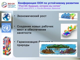 Конференция ООН по устойчивому развитию
“Рио+20: Будущее, которое мы хотим”
(20-22 июня 2012 г., г. Рио-де-Жанейро, Бразилия)
• Экономический рост
• Создание новых рабочих
мест и обеспечение
занятости
• Гармонизация бизнеса и
природы
 