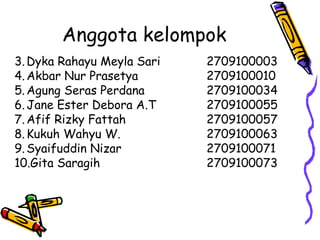 Anggota kelompok
3. Dyka Rahayu Meyla Sari   2709100003
4. Akbar Nur Prasetya       2709100010
5. Agung Seras Perdana      2709100034
6. Jane Ester Debora A.T    2709100055
7. Afif Rizky Fattah        2709100057
8. Kukuh Wahyu W.           2709100063
9. Syaifuddin Nizar         2709100071
10.Gita Saragih             2709100073
 