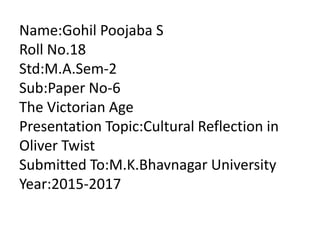 Name:Gohil Poojaba S
Roll No.18
Std:M.A.Sem-2
Sub:Paper No-6
The Victorian Age
Presentation Topic:Cultural Reflection in
Oliver Twist
Submitted To:M.K.Bhavnagar University
Year:2015-2017
 