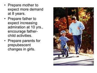 Prepare mother to expect more demand at 8 years. Prepare father to expect increasing admiration at 10 yrs., encourage father-child activities. Prepare parents for prepubescent changes in girls. 