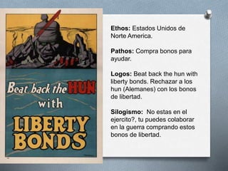 Ethos: Estados Unidos de
Norte America.
Pathos: Compra bonos para
ayudar.
Logos: Beat back the hun with
liberty bonds. Rechazar a los
hun (Alemanes) con los bonos
de libertad.
Silogismo: No estas en el
ejercito?, tu puedes colaborar
en la guerra comprando estos
bonos de libertad.
 