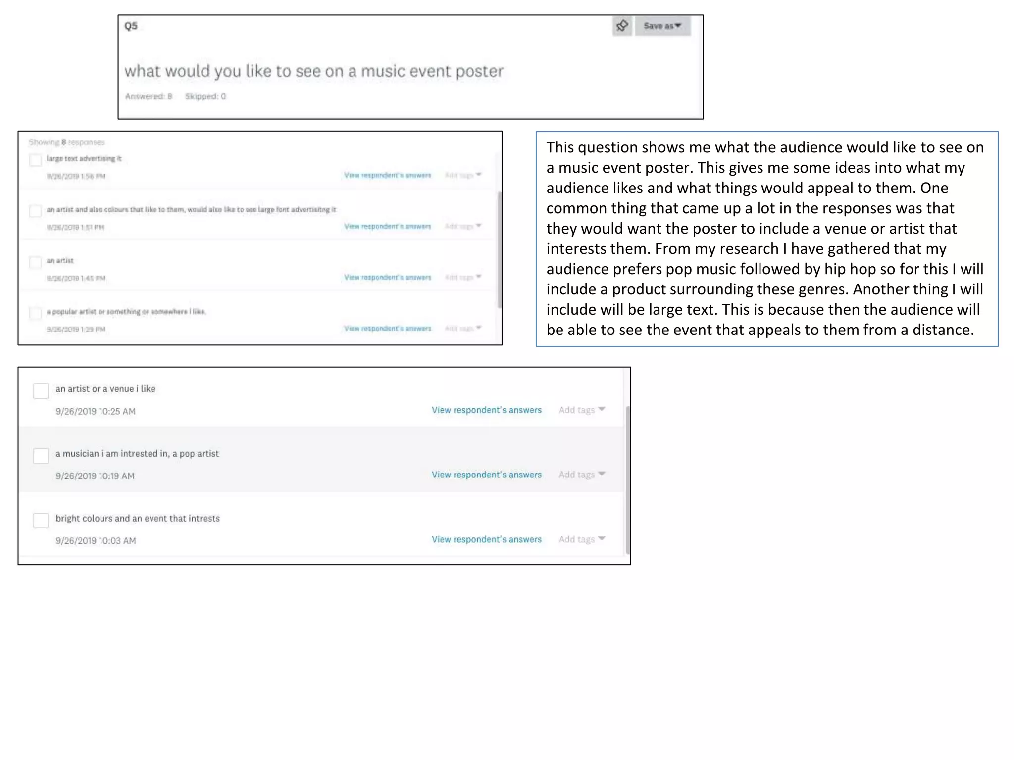 This question shows me what the audience would like to see on
a music event poster. This gives me some ideas into what my
audience likes and what things would appeal to them. One
common thing that came up a lot in the responses was that
they would want the poster to include a venue or artist that
interests them. From my research I have gathered that my
audience prefers pop music followed by hip hop so for this I will
include a product surrounding these genres. Another thing I will
include will be large text. This is because then the audience will
be able to see the event that appeals to them from a distance.
 