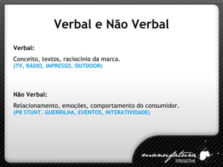 Verbal e Não Verbal Verbal: Conceito, textos, raciocínio da marca. Não Verbal: Relacionamento, emoções, comportamento do consumidor. (TV, RÁDIO, IMPRESSO, OUTDOOR) (PR STUNT, GUERRILHA, EVENTOS, INTERATIVIDADE) 
