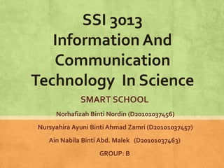 SSI 3013
   Information And
   Communication
Technology In Science
             SMART SCHOOL
     Norhafizah Binti Nordin (D20101037456)
Nursyahira Ayuni Binti Ahmad Zamri (D20101037457)
   Ain Nabila Binti Abd. Malek (D20101037463)
                   GROUP: B
 