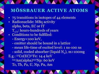 MÖSSBAUER ACTIVE ATOMS
• 75 transitions in isotopes of 44 elements
• Radionuclide: MBq activity
alpha, beta, EC or IT
T1/2: hours-hundreds of years
• Conditions to be fulfilled:
- Energy<100 keV,
- emitter should be bound in a lattice
- mean life-time of excited level: 1 ns-100 ns
- solid, cooled absorber (liquid N2), m>100mg
E.g.: 57Co(EC)57Fe: 14.4 keV
241Am(alpha)237Np: 60 keV
Tc, Th, Pa, U, Np, Pu, Am

 