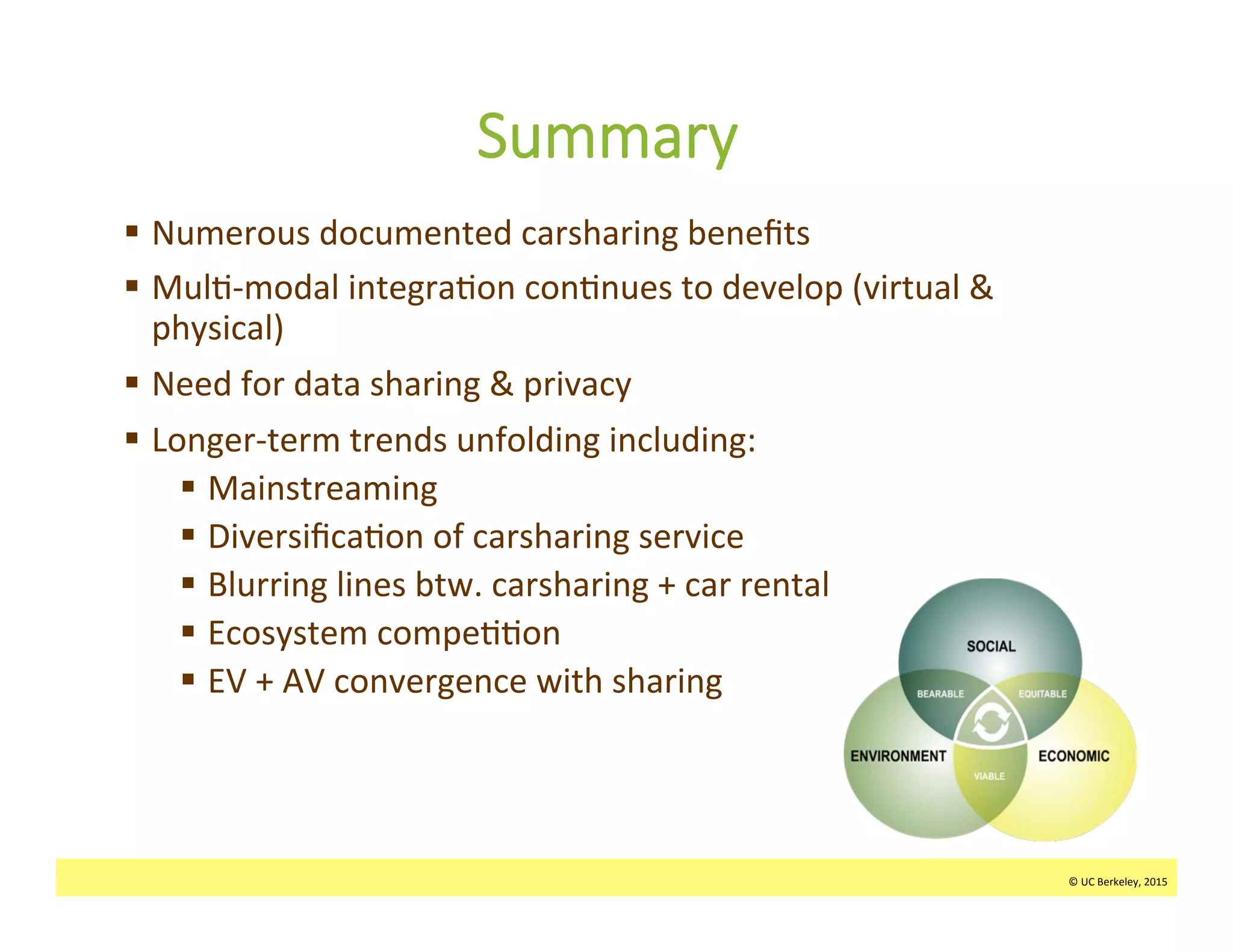 ©	
  UC	
  Berkeley,	
  2015	
  
Summary
§  Numerous	
  documented	
  carsharing	
  beneﬁts	
  
§  Mul:-­‐modal	
  integra:on	
  con:nues	
  to	
  develop	
  (virtual	
  &	
  
physical)	
  
§  Need	
  for	
  data	
  sharing	
  &	
  privacy	
  	
  	
  
§  Longer-­‐term	
  trends	
  unfolding	
  including:	
  
§  Mainstreaming	
  
§  Diversiﬁca:on	
  of	
  carsharing	
  service	
  
§  Blurring	
  lines	
  btw.	
  carsharing	
  +	
  car	
  rental	
  	
  
§  Ecosystem	
  compe::on	
  
§  EV	
  +	
  AV	
  convergence	
  with	
  sharing	
  
	
  
©	
  UC	
  Berkeley,	
  2015	
  
 