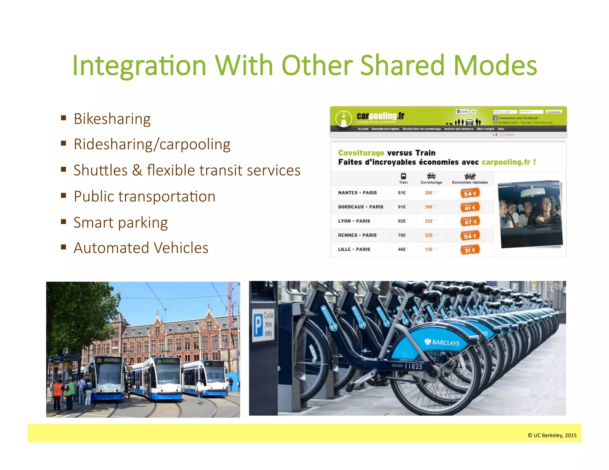 ©	
  UC	
  Berkeley,	
  2015	
  
Integra>on  With  Other  Shared  Modes
§  Bikesharing
§  Ridesharing/carpooling
§  ShuWles  &  ﬂexible  transit  services
§  Public  transporta>on  
§  Smart  parking
§  Automated  Vehicles
©	
  UC	
  Berkeley,	
  2015	
  
 