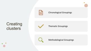 Creating
clusters
Chronological Groupings
Thematic Groupings
Methodological Groupings
 