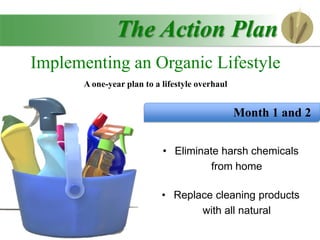 The Action Plan
Implementing an Organic Lifestyle
A one-year plan to a lifestyle overhaul
Month 1 and 2
• Eliminate harsh chemicals
from home
• Replace cleaning products
with all natural
 
