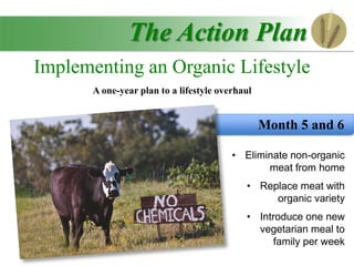 The Action Plan
Implementing an Organic Lifestyle
A one-year plan to a lifestyle overhaul
Month 5 and 6
• Eliminate non-organic
meat from home
• Replace meat with
organic variety
• Introduce one new
vegetarian meal to
family per week
 