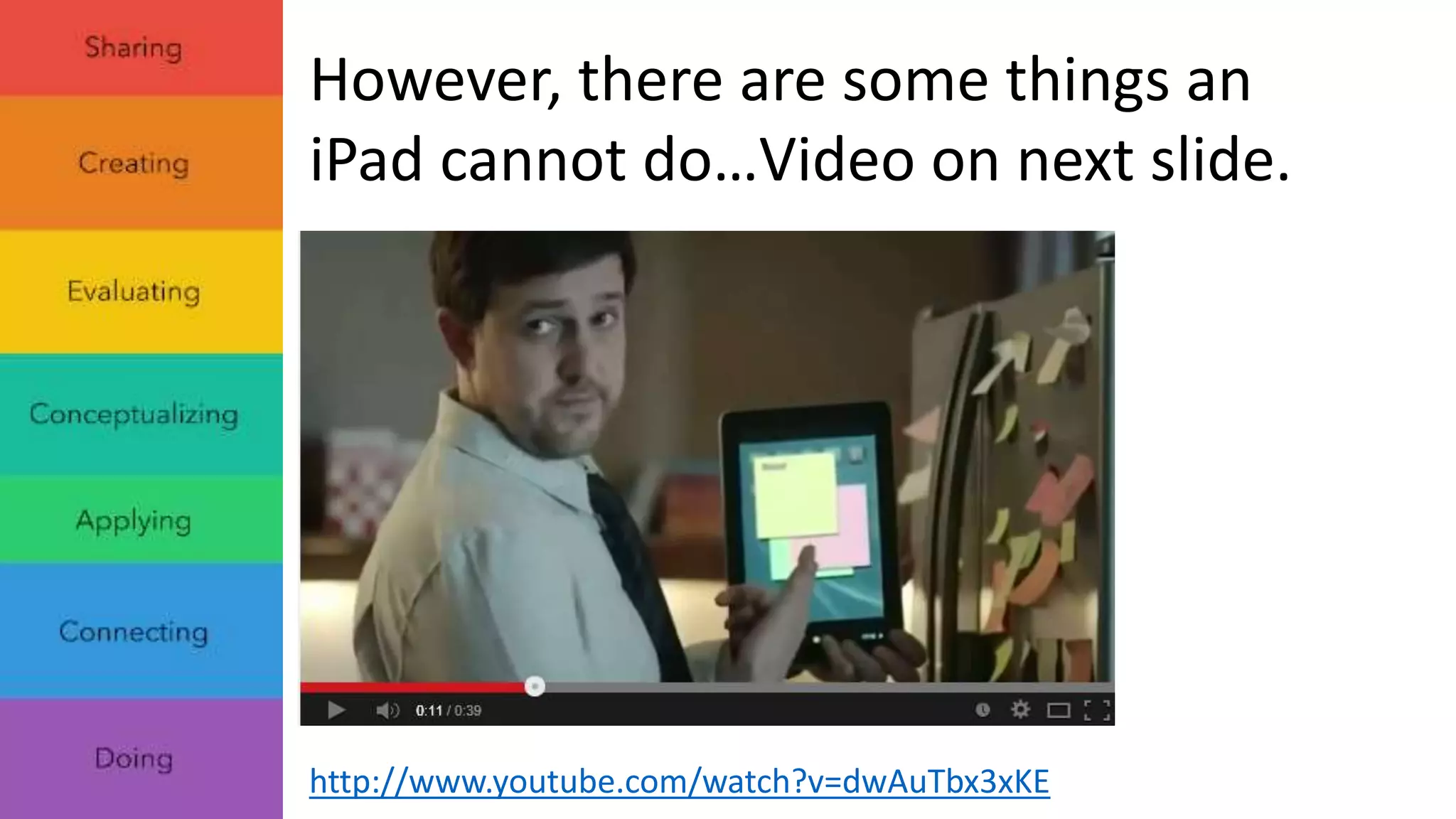 However, there are some things an 
iPad cannot do…Video on next slide. 
http://www.youtube.com/watch?v=dwAuTbx3xKE 
 