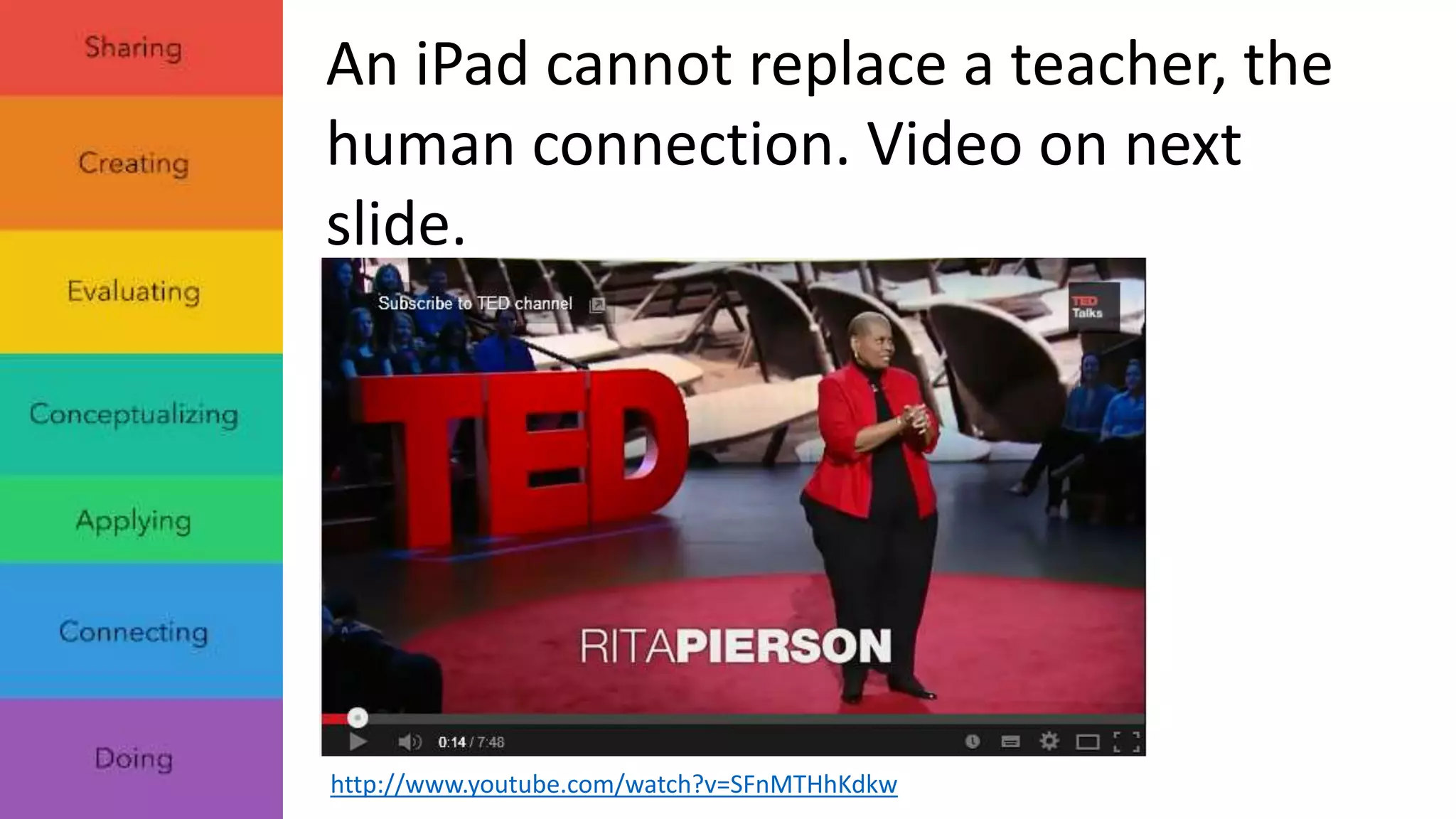 The video on the previous page was 
shown in a presentation yesterday. 
Below is demonstration of what you 
should not do with an iPad/iPhone: 
http://www.youtube.com/watch?v=AbKGrtpgBtA 
 