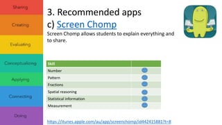 3. Recommended apps 
c) Screen Chomp 
Screen Chomp allows students to explain everything and 
to share. 
Skill 
Number 
Pattern 
Fractions 
Spatial reasoning 
Statistical information 
Measurement 
https://itunes.apple.com/au/app/screenchomp/id442415881?t=8 
 