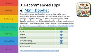 3. Recommended apps 
e) Math Doodles 
The mathematical puzzles allow users to play, explore, and 
experiment with mathematical concepts, while developing and 
strengthening their strategy and problem solving skills. Math 
Doodles challenges are designed to allow for multiple solutions and 
strategies. There isn't only one correct answer. Also available online 
at http://www.carstensstudios.com/mathdoodles/mathdoodlesDemos.htm 
Skill 
Number 
Pattern 
Fractions 
Spatial reasoning 
Statistical information 
Measurement 
https://itunes.apple.com/us/app/math-doodles/id526959716 
 
