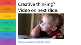 Creative thinking? 
Video on next slide. 
https://www.youtube.com/watch?v=G0iXEIpgzNk 
 