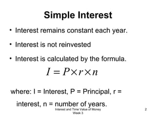 Interest remains constant each year. Interest is not reinvested Interest is calculated by the formula. Simple Interest where: I = Interest, P = Principal, r = interest, n = number of years. Interest and Time Value of Money Week 3 