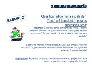 3. GRELHAS DE AVALIAÇÃOClassificar artigo numa escala de 1 (fraco) a 5 (excelente), para os sucessivos itens:EXEMPLORelevância. É relevante para a conferência ou revista? Resolve problemas efectivos? De quem? Permite que o leitor passe a utilizar as propostas? Ou, pelo contrário, é uma acrobacia intelectual, sem utilidade?Significado. Altera de forma significativa a visão que temos da realidade estudada? Ou, pelo contrário, limita-se a retomar formulações cujo significado está mais do que esclarecido?Originalidade. Representa um avanço sensível relativamente ao que já existe? Abre novas perspectivas para a compreensão do tema? 