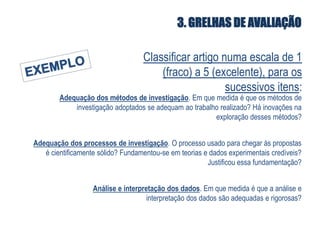 3. GRELHAS DE AVALIAÇÃOClassificar artigo numa escala de 1 (fraco) a 5 (excelente), para os sucessivos itens:EXEMPLOAdequação dos métodos de investigação. Em que medida é que os métodos de investigação adoptados se adequam ao trabalho realizado? Há inovações na exploração desses métodos?Adequação dos processos de investigação. O processo usado para chegar às propostas é cientificamente sólido? Fundamentou-se em teorias e dados experimentais credíveis? Justificou essa fundamentação? Análise e interpretação dos dados. Em que medida é que a análise e interpretação dos dados são adequadas e rigorosas?