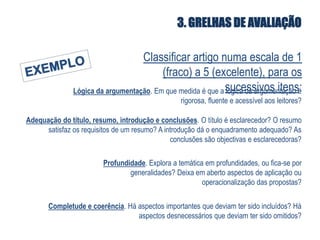 3. GRELHAS DE AVALIAÇÃOClassificar artigo numa escala de 1 (fraco) a 5 (excelente), para os sucessivos itens:EXEMPLOLógica da argumentação. Em que medida é que a lógica da argumentação é rigorosa, fluente e acessível aos leitores?Adequação do título, resumo, introdução e conclusões. O título é esclarecedor? O resumo satisfaz os requisitos de um resumo? A introdução dá o enquadramento adequado? As conclusões são objectivas e esclarecedoras? Profundidade. Explora a temática em profundidades, ou fica-se por generalidades? Deixa em aberto aspectos de aplicação ou operacionalização das propostas?Completude e coerência. Há aspectos importantes que deviam ter sido incluídos? Há aspectos desnecessários que deviam ter sido omitidos? 